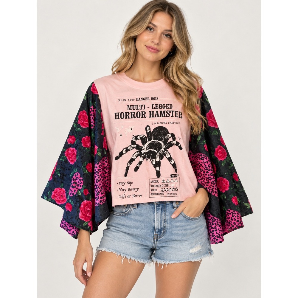 Reworked Pink threadless Graphic Top Halloween Spider Horror Oversized Boho O/S